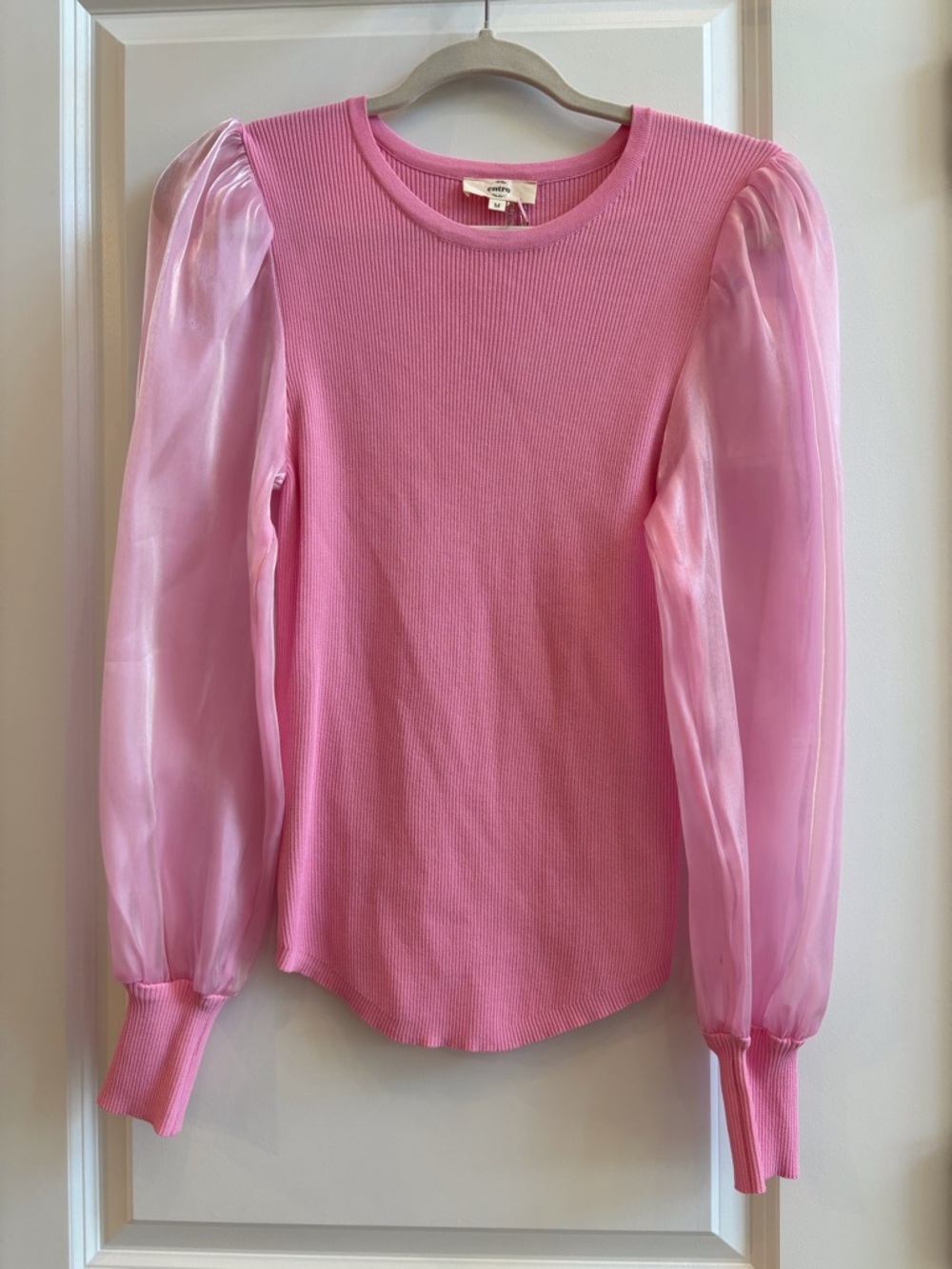 NWT entro Pink Ribbed Knit Top with Sheer Puff Sleeves
